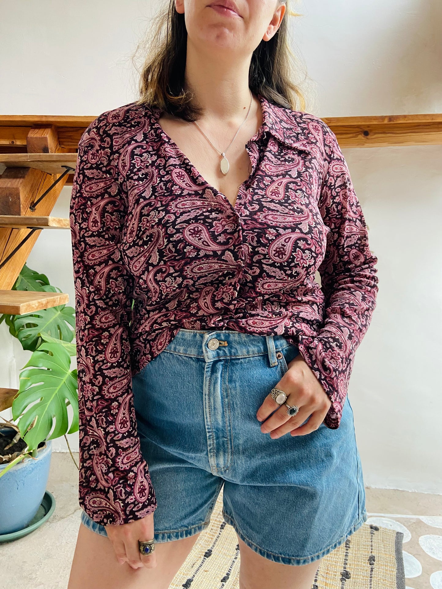 VINTAGE 90's Purple Paisley Long Sleeve Shirt - M