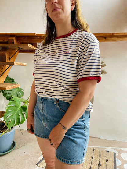 VINTAGE 90's Blue & White & Red Stripe Tee T-Shirt - M/L
