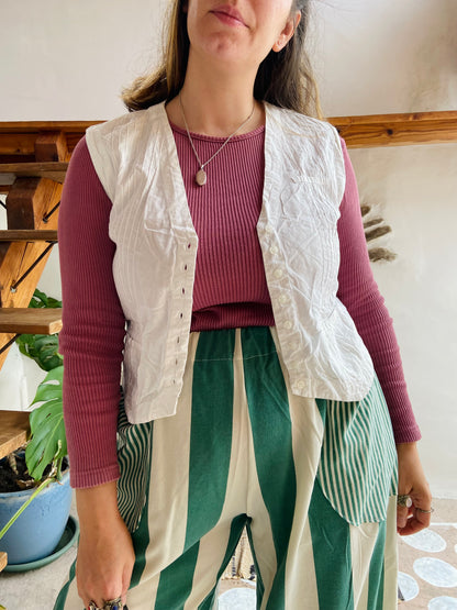 VINTAGE 90's White Cotton Pin Tuck Sleeveless Waistcoat Top - M/L