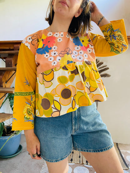 DESERT FOX Patchwork Orange Sunflower Floral Ruffle Top - M/L