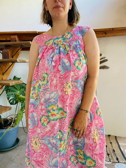 VINTAGE 90’s Pink Tropical Floral Midi Dress - S/M