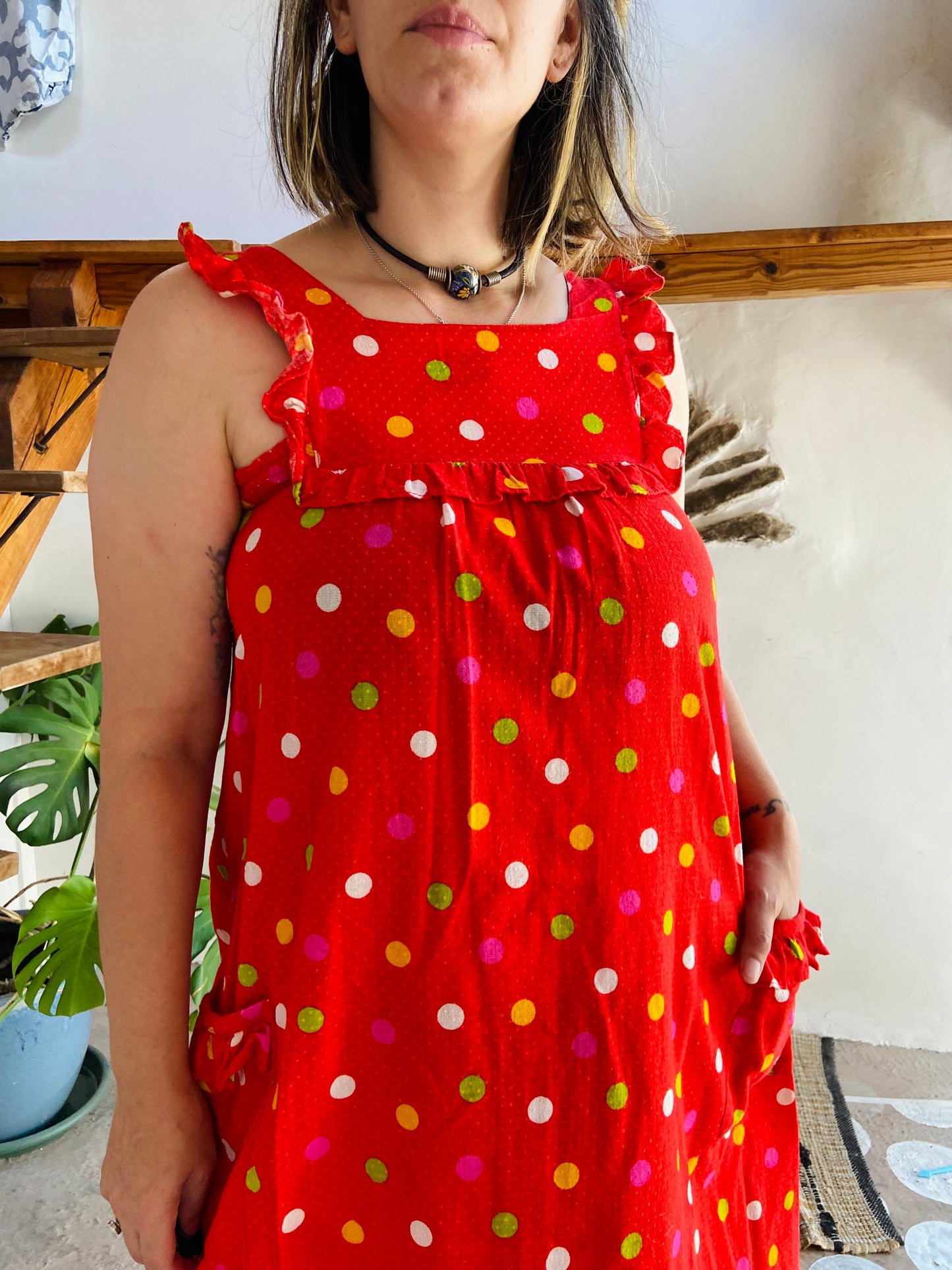 VINTAGE 80's Red Polkadot Midi Dress - M