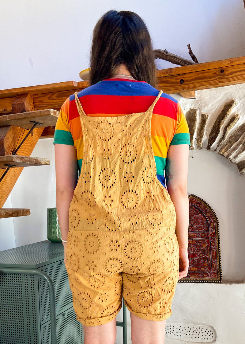 VINTAGE Embroidered Mustard Dungaree Playsuit - S/M