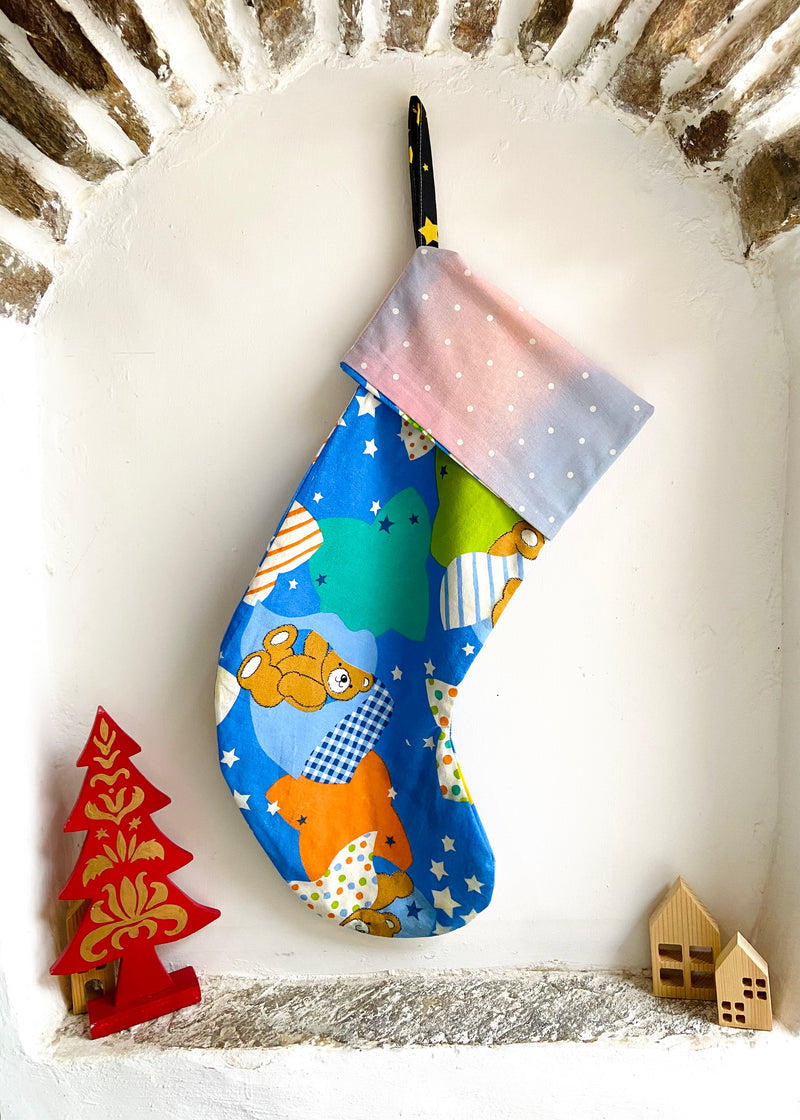 DESERT FOX Handmade Vintage Fabric Christmas Stocking - Children’s Bear Snowfall