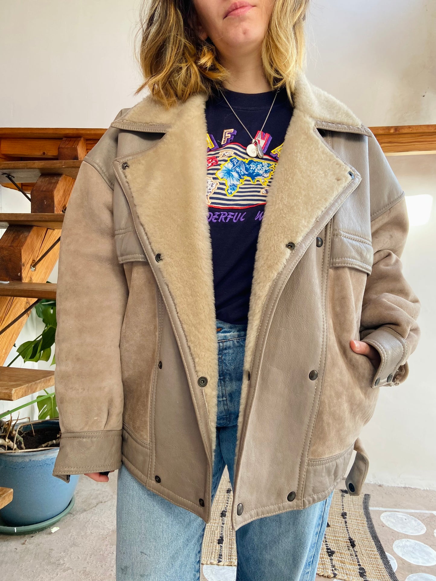 VINTAGE 80’s Sheepskin Grey Oversized Suede Coat Jacket - L/XL