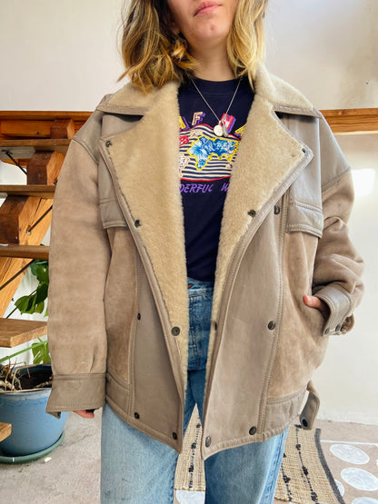 VINTAGE 80’s Sheepskin Grey Oversized Suede Coat Jacket - L/XL
