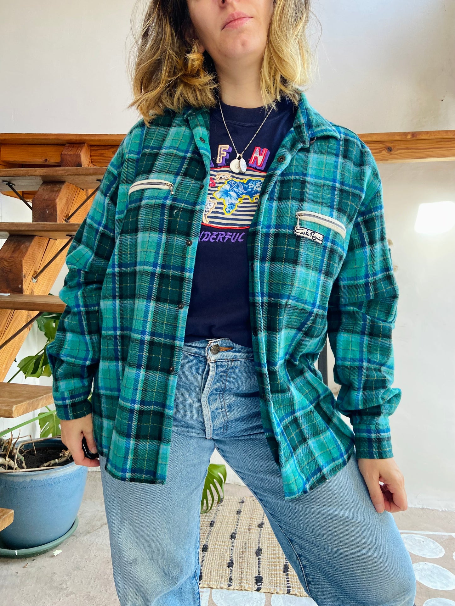 VINTAGE 90’s Flannel Checked Blue & Green Long Sleeve Shirt - L