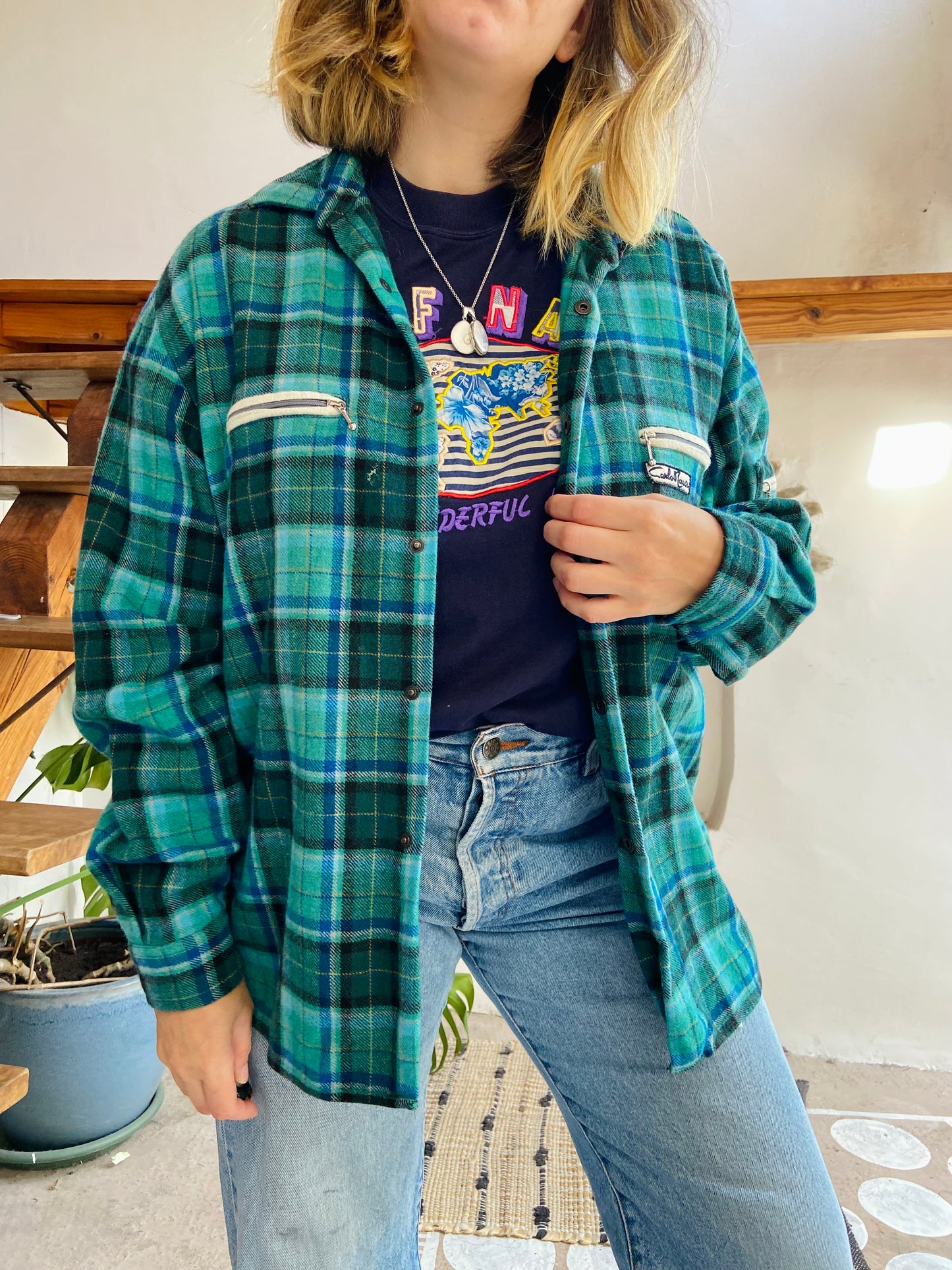 VINTAGE 90’s Flannel Checked Blue & Green Long Sleeve Shirt - L