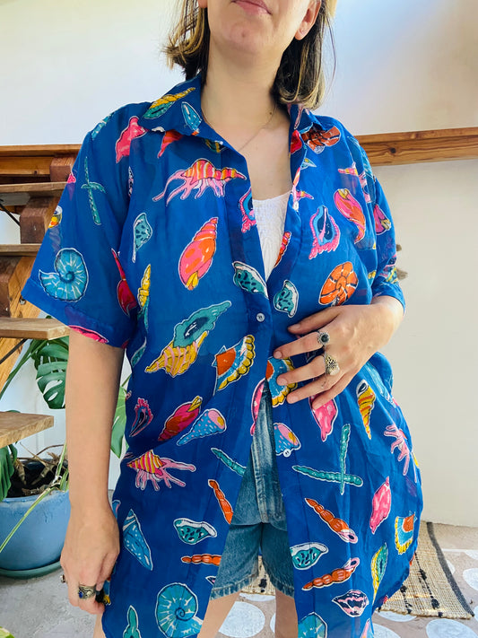VINTAGE 90's Sea Shell Print Loose Floaty Shirt - L