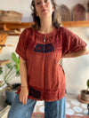 VINTAGE 90's Dusty Red Bohemian Embroidered Loose Tunic Top - M/L