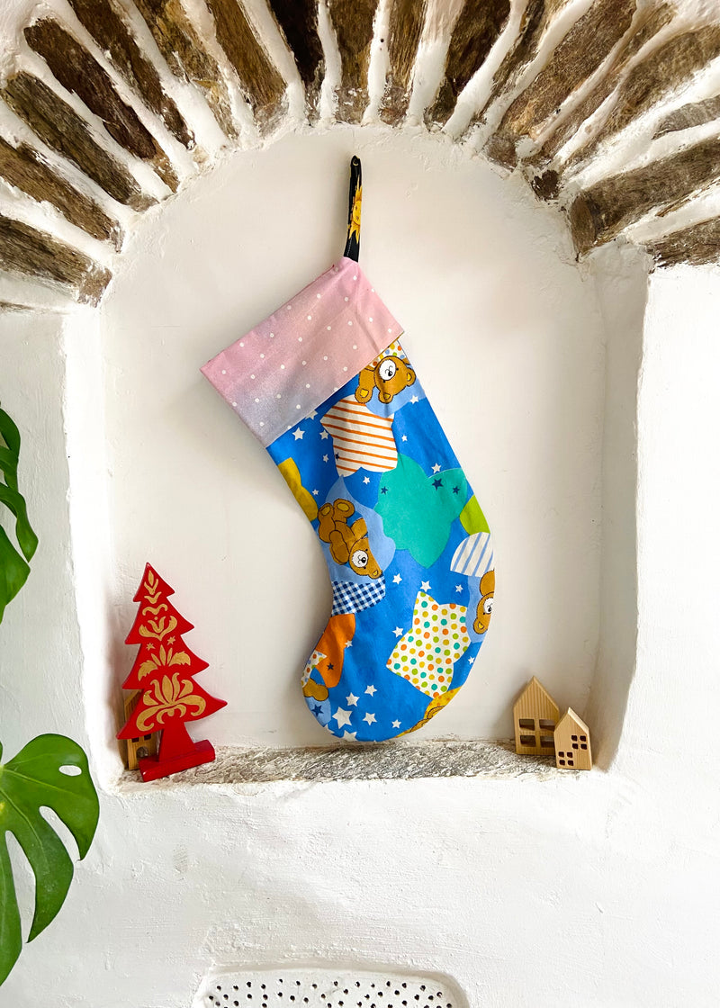 DESERT FOX Handmade Vintage Fabric Christmas Stocking - Children’s Bear Snowfall