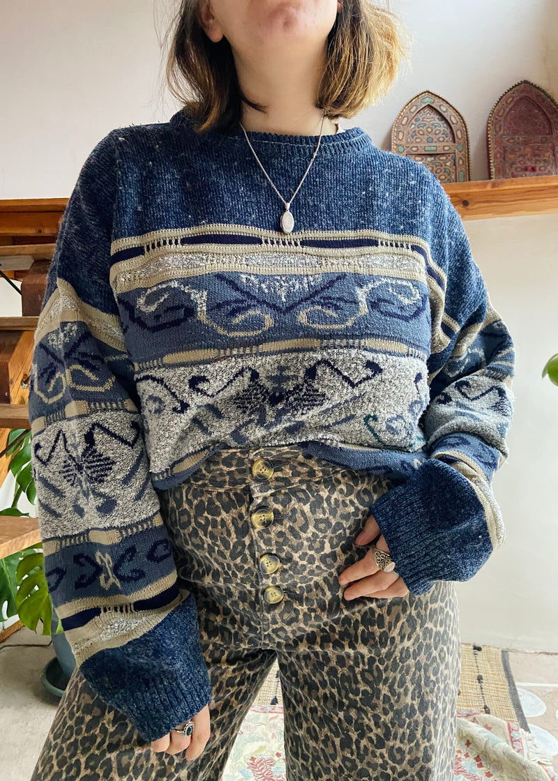 VINTAGE 90's Blue Patterned Knit Jumper - M/L