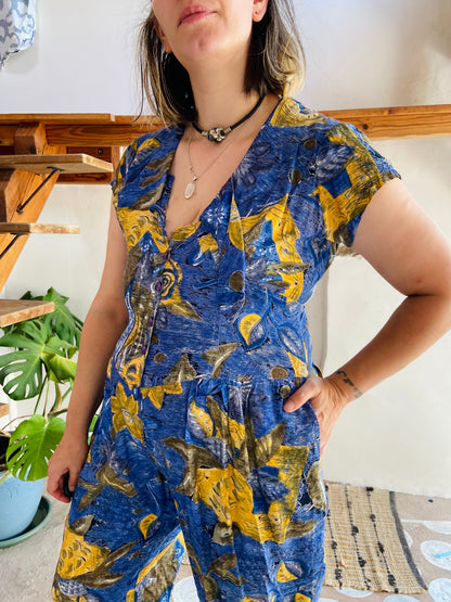 VINTAGE 80's Floral Bohemian Pattern Jumpsuit - S