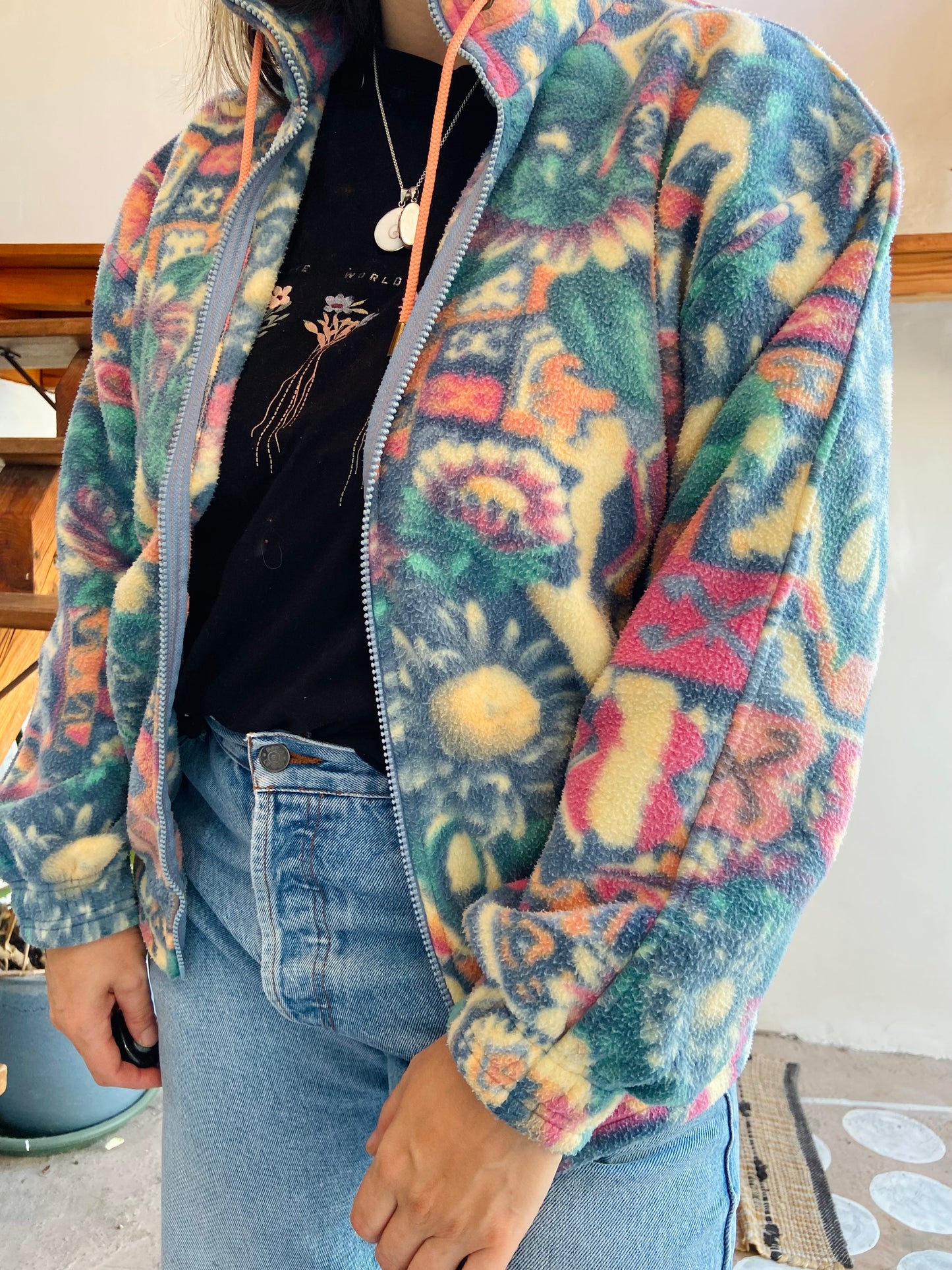 VINTAGE 90's Pastel Floral Zip Up Fleece - S/M
