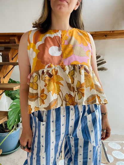 DESERT FOX Penelope Patchwork 70's Floral Print Side Tie Top - M/L
