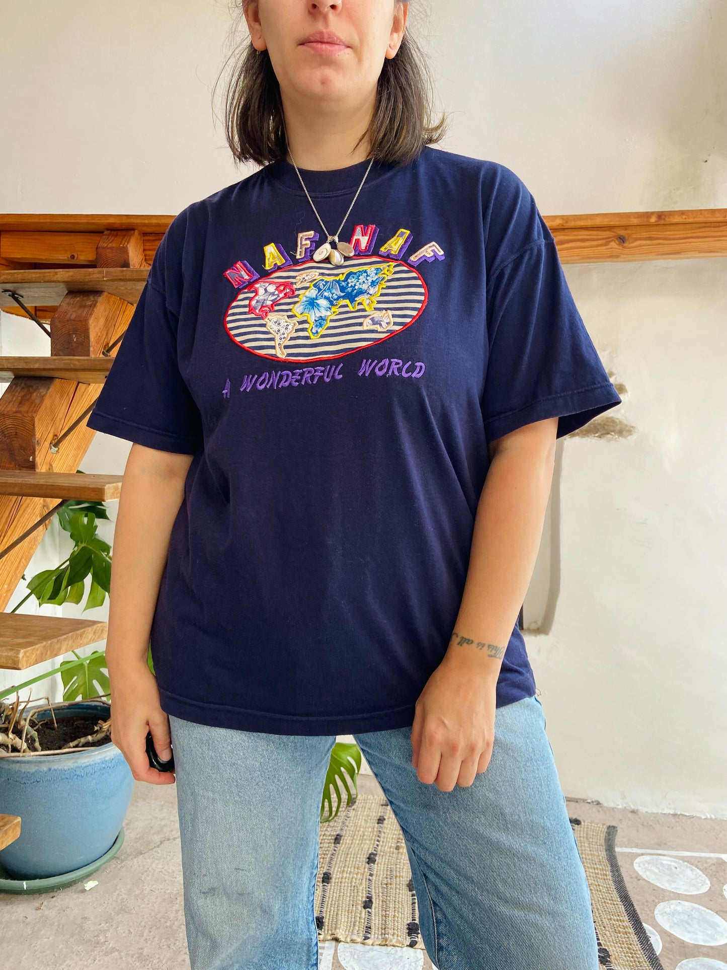 VINTAGE Naf Naf 90’s Blue Embroidered T-shirt Tee - M/L