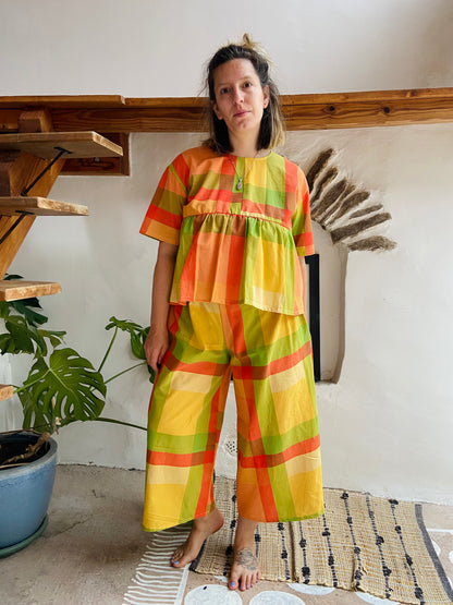 DESERT FOX Orange Checked Stripe Wide Leg Trousers - S/M