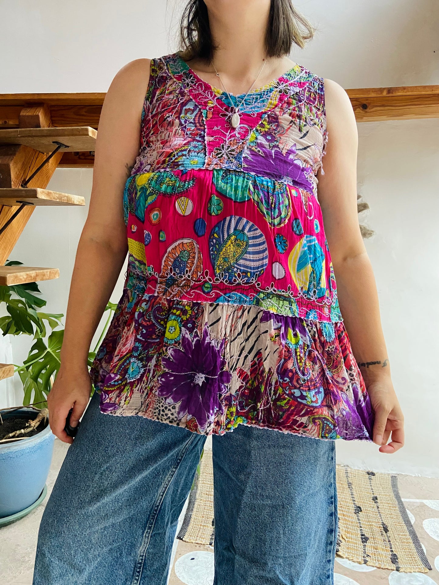 VINTAGE 90's Bohemian Print Hippie Sleeveless Top - XS/S