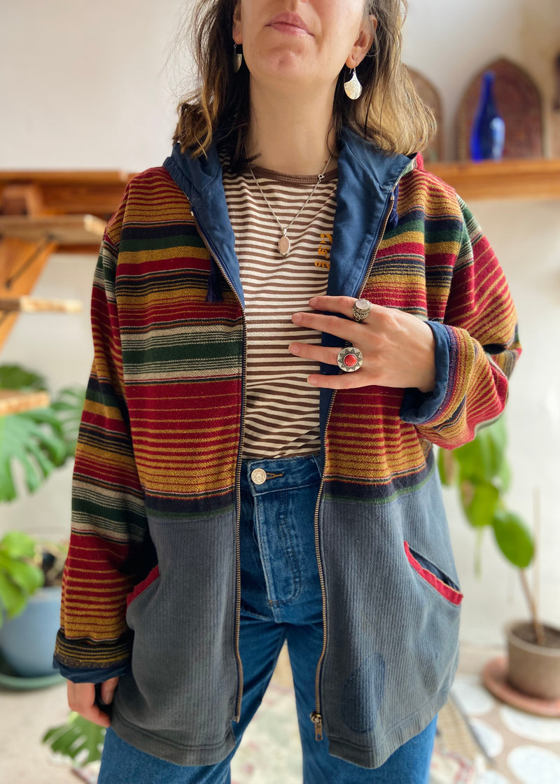 VINTAGE Stripe Hippie Long Sleeve Zip Up Cardigan Hoodie - L