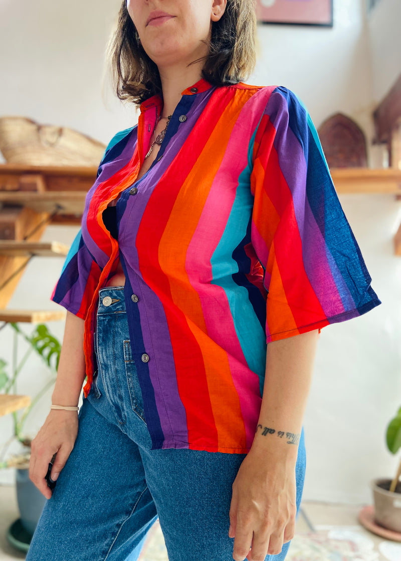 VINTAGE 90’s Bright Stripe Grandad Collar Shirt - S