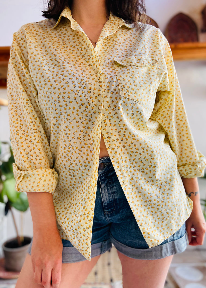 VINTAGE 70's Yellow Floral Long Sleeve Shirt - M