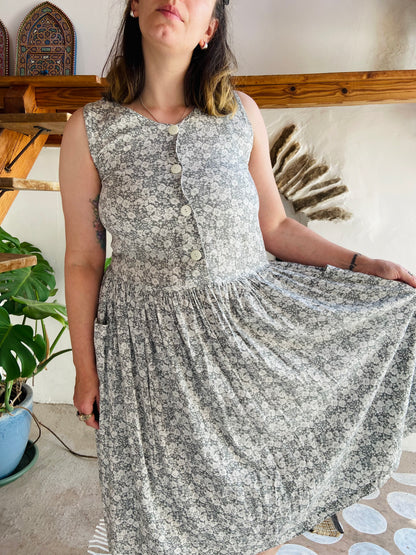 VINTAGE 90's Grey Floral Midi Dress - S/M