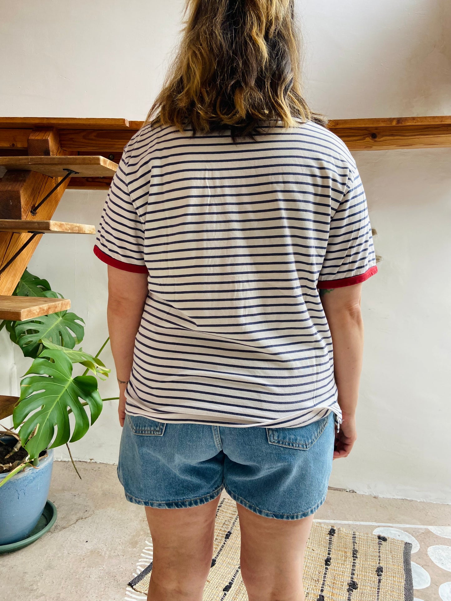 VINTAGE 90's Blue & White & Red Stripe Tee T-Shirt - M/L