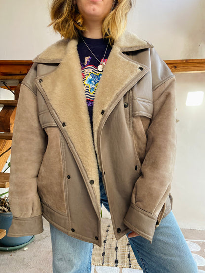 VINTAGE 80’s Sheepskin Grey Oversized Suede Coat Jacket - L/XL