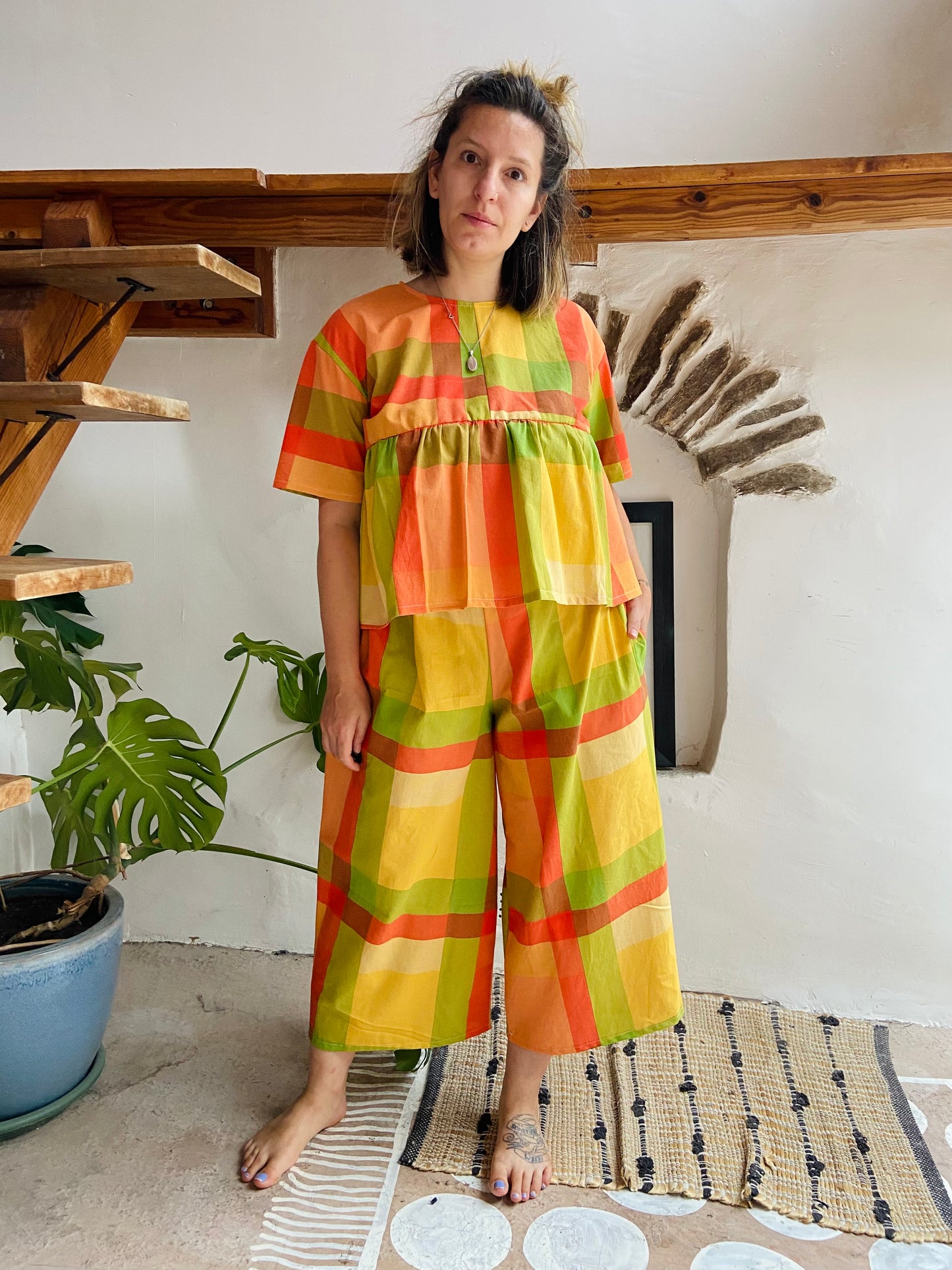 DESERT FOX Orange Checked Stripe Wide Leg Trousers - S/M