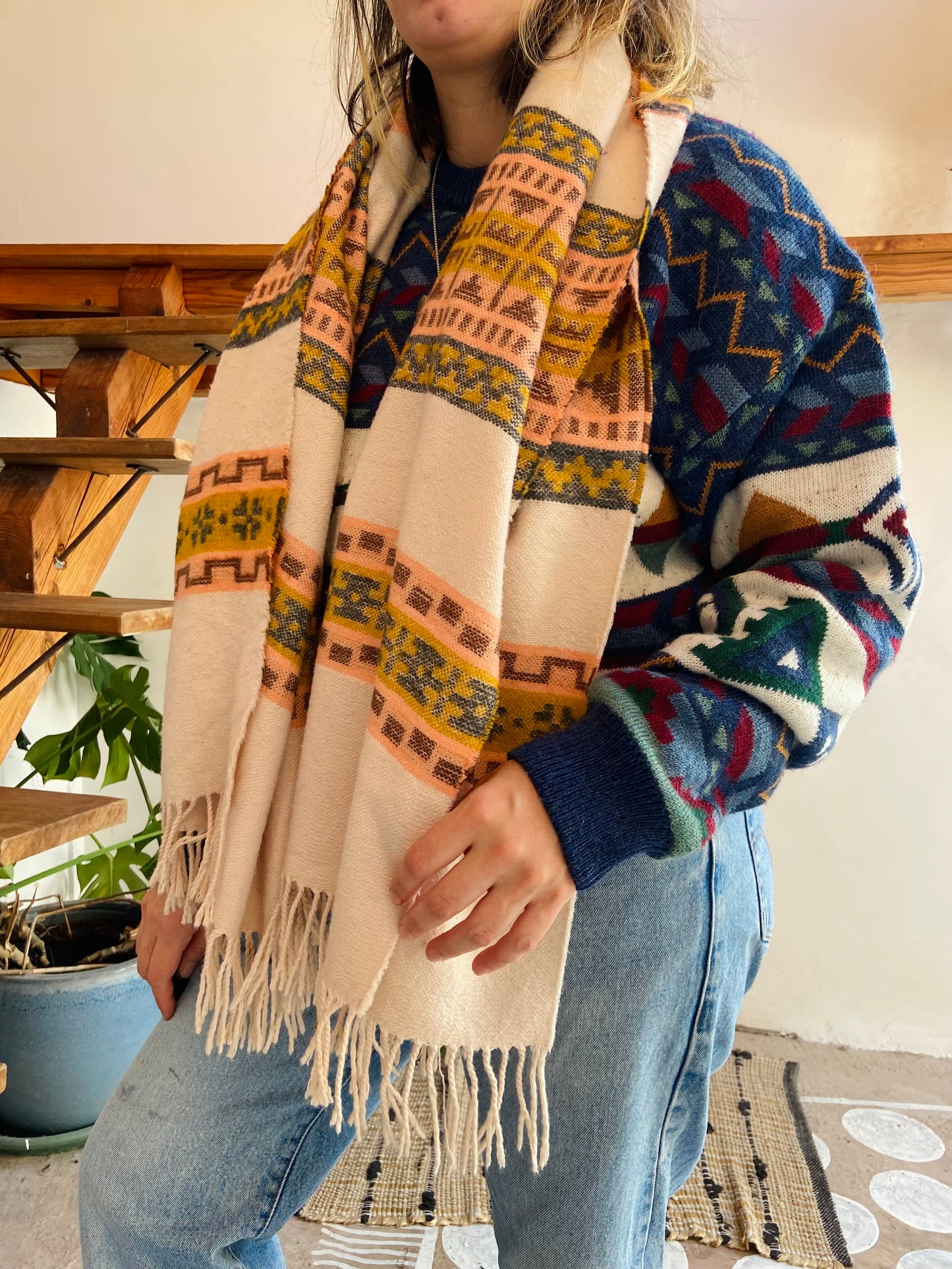 VINTAGE Bohemian Patterned Long Tassel Scarf - ONE SIZE