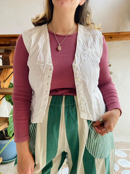 VINTAGE 90's White Cotton Pin Tuck Sleeveless Waistcoat Top - M/L
