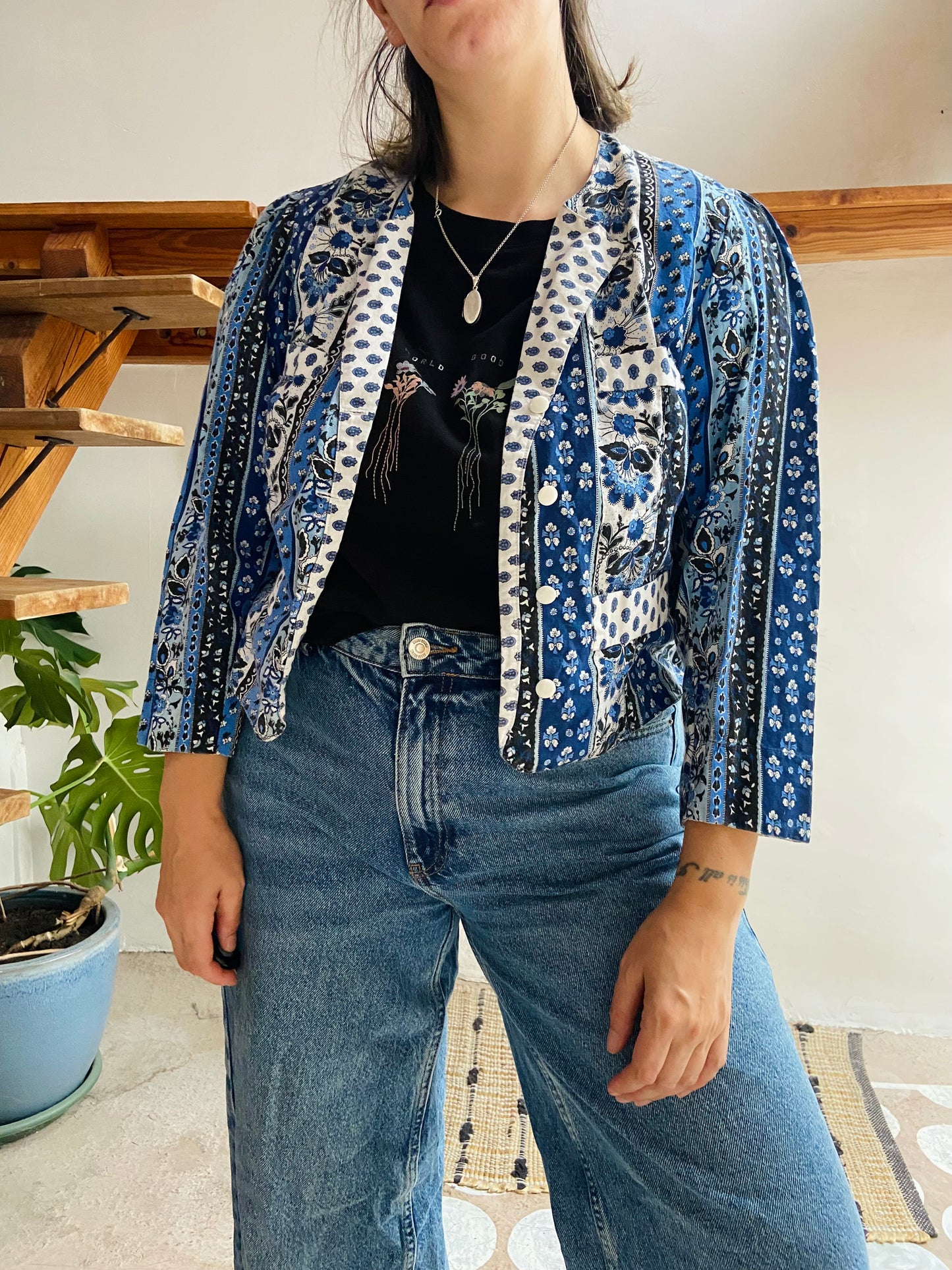 VINTAGE Blue Provencal Cotton Jacket - S/M