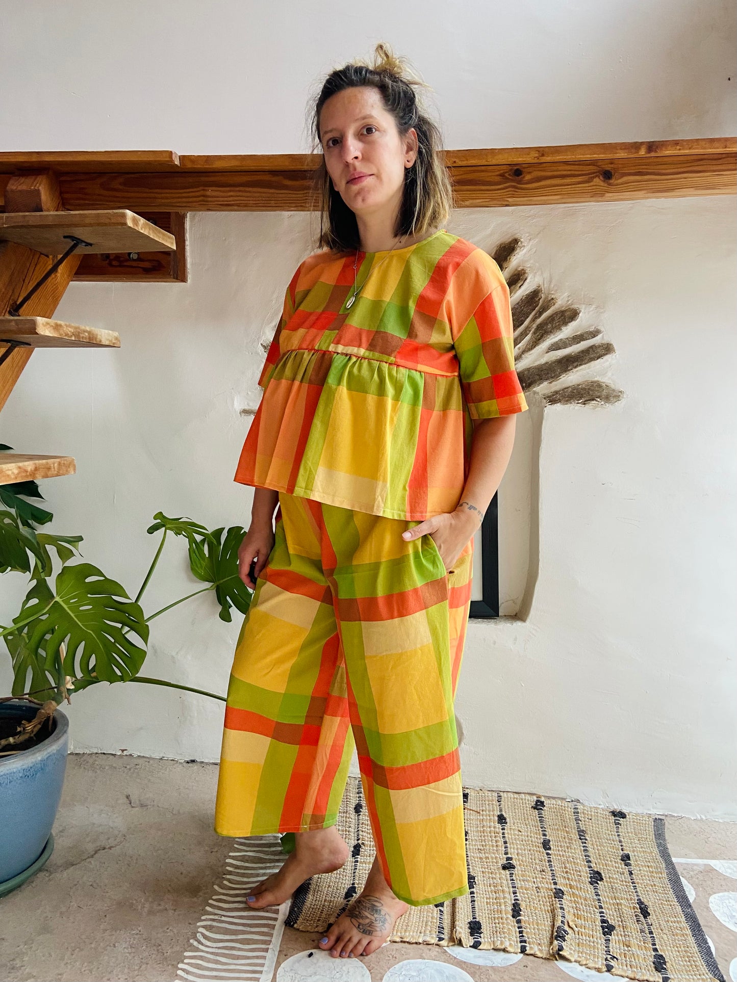 DESERT FOX Orange Checked Stripe Wide Leg Trousers - S/M