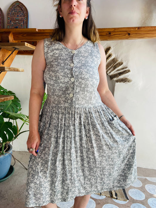 VINTAGE 90's Grey Floral Midi Dress - S/M