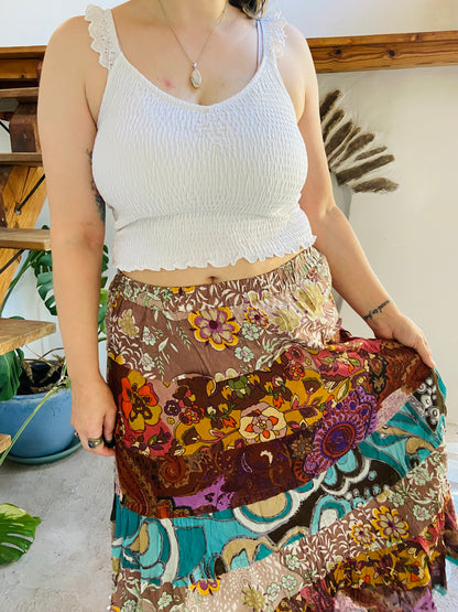 VINTAGE 90's Bohemian Patchwork Ruffle Maxi Skirt - L