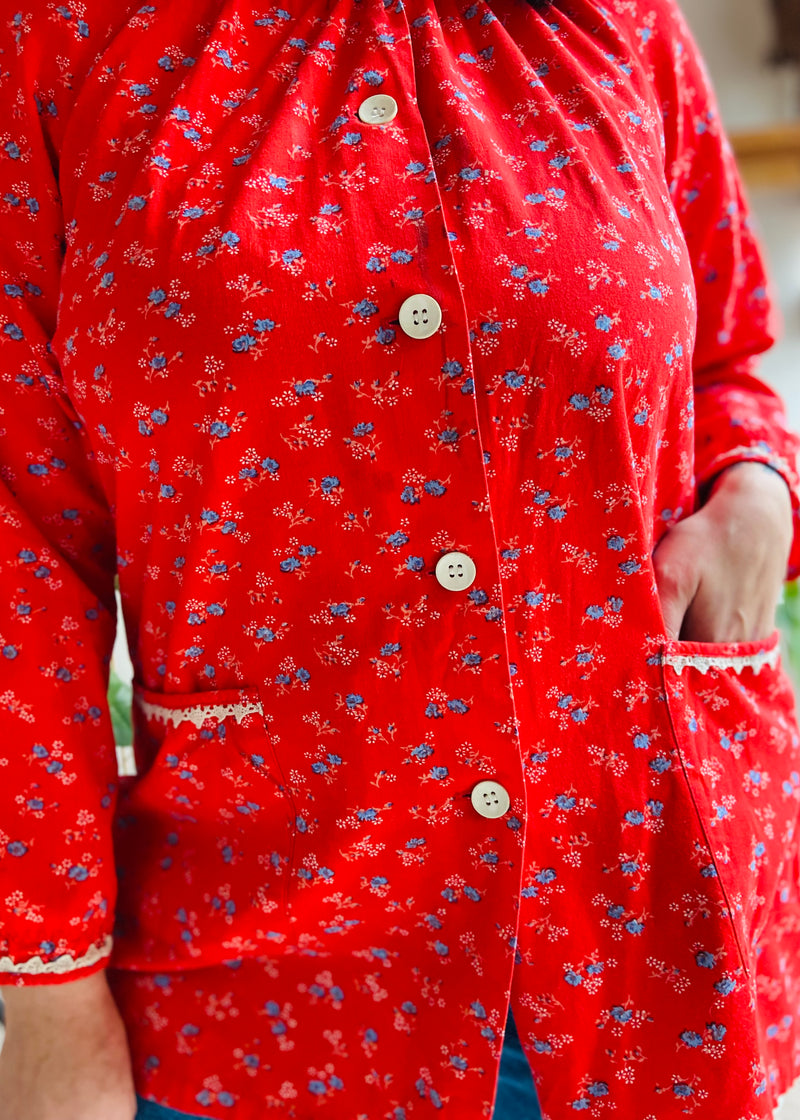 VINTAGE 70’s Red Floral Button Up Mini Dress - S/M