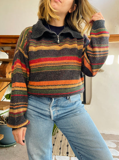 VINTAGE 90’s Multicolour Grey Stripe Oversized Jumper - L