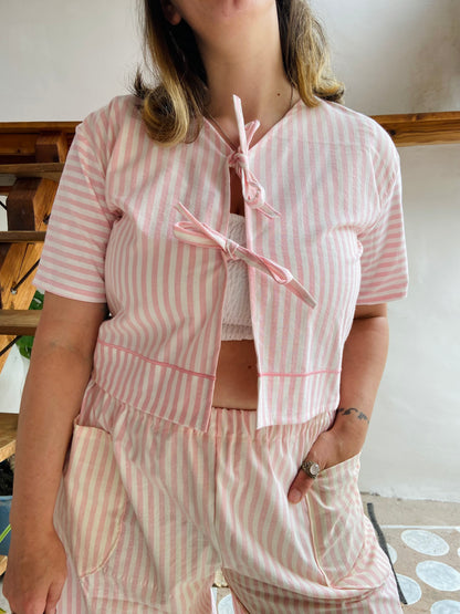 DESERT FOX Pink & White Stripe Print Tie Front Crop Top - S/M