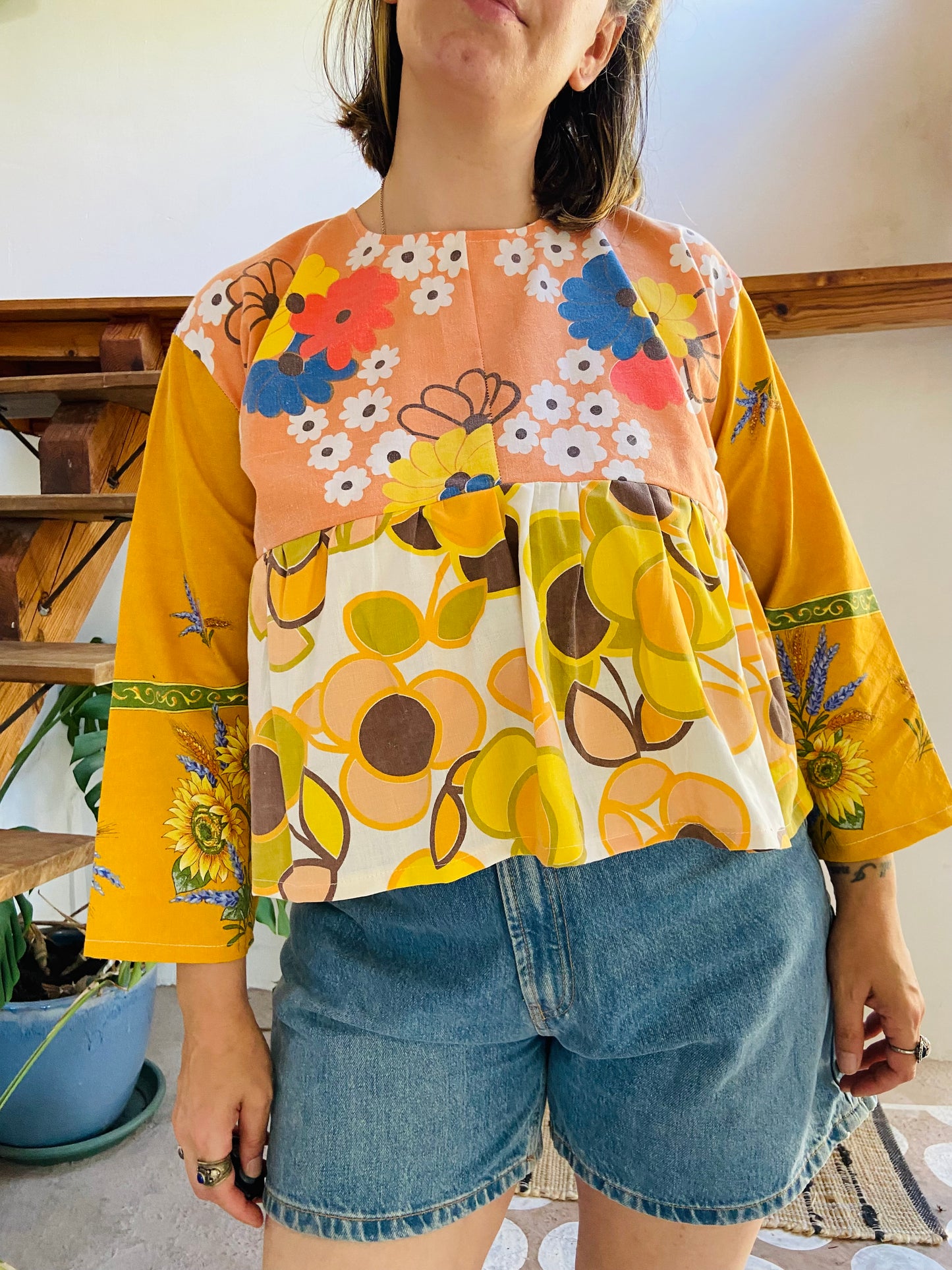 DESERT FOX Patchwork Orange Sunflower Floral Ruffle Top - M/L