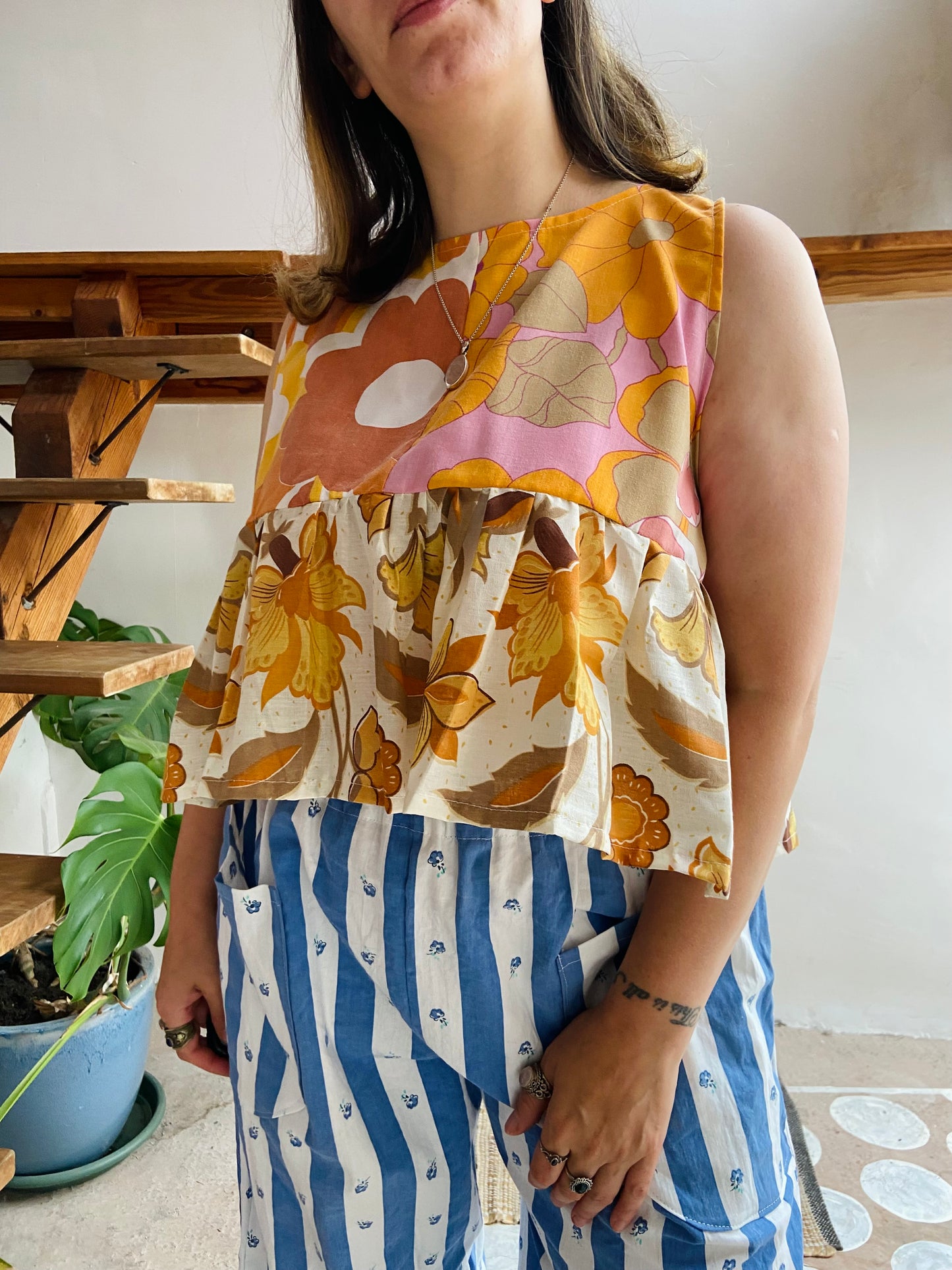 DESERT FOX Penelope Patchwork 70's Floral Print Side Tie Top - M/L