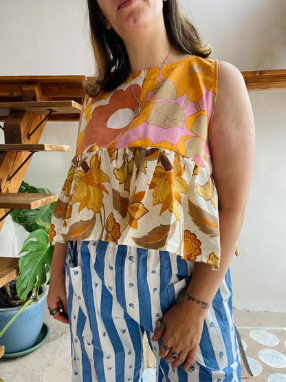 DESERT FOX Penelope Patchwork 70's Floral Print Side Tie Top - M/L