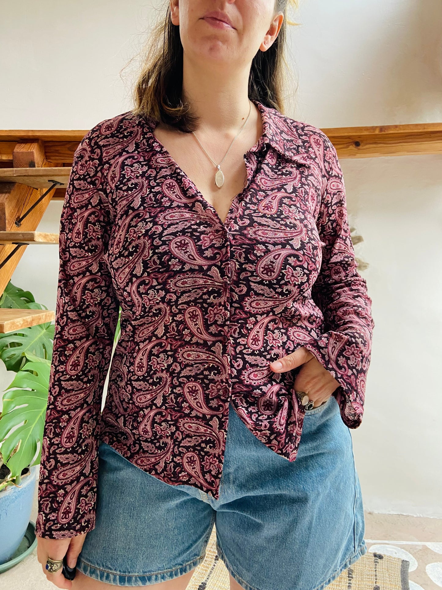 VINTAGE 90's Purple Paisley Long Sleeve Shirt - M