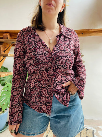VINTAGE 90's Purple Paisley Long Sleeve Shirt - M