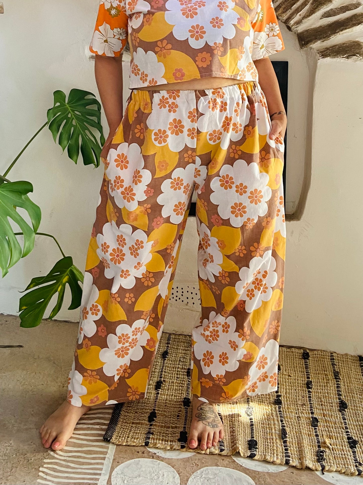 DESERT FOX 70’s Orange Floral Co-Ord Trousers & Top Set - M/L