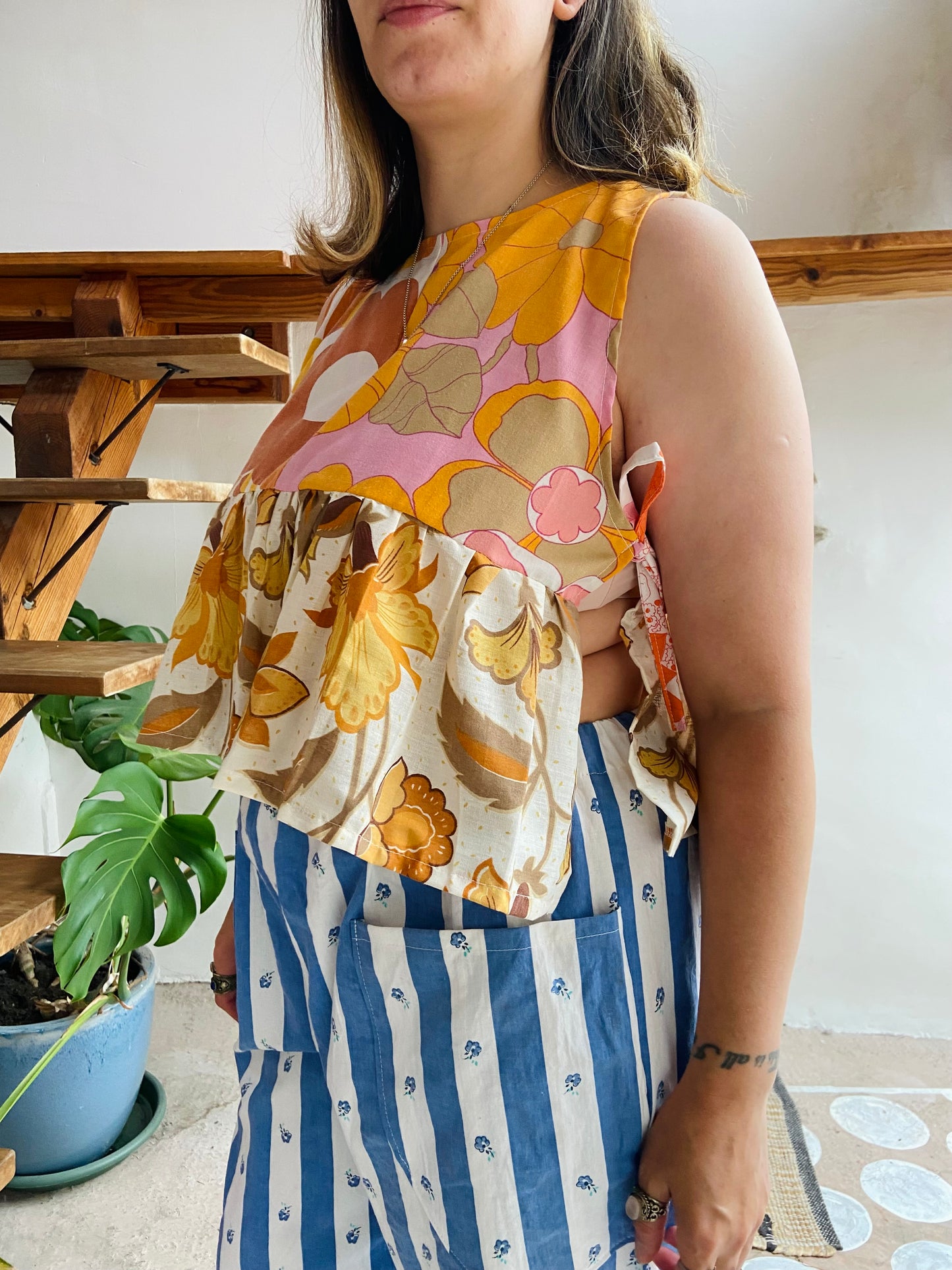 DESERT FOX Penelope Patchwork 70's Floral Print Side Tie Top - M/L