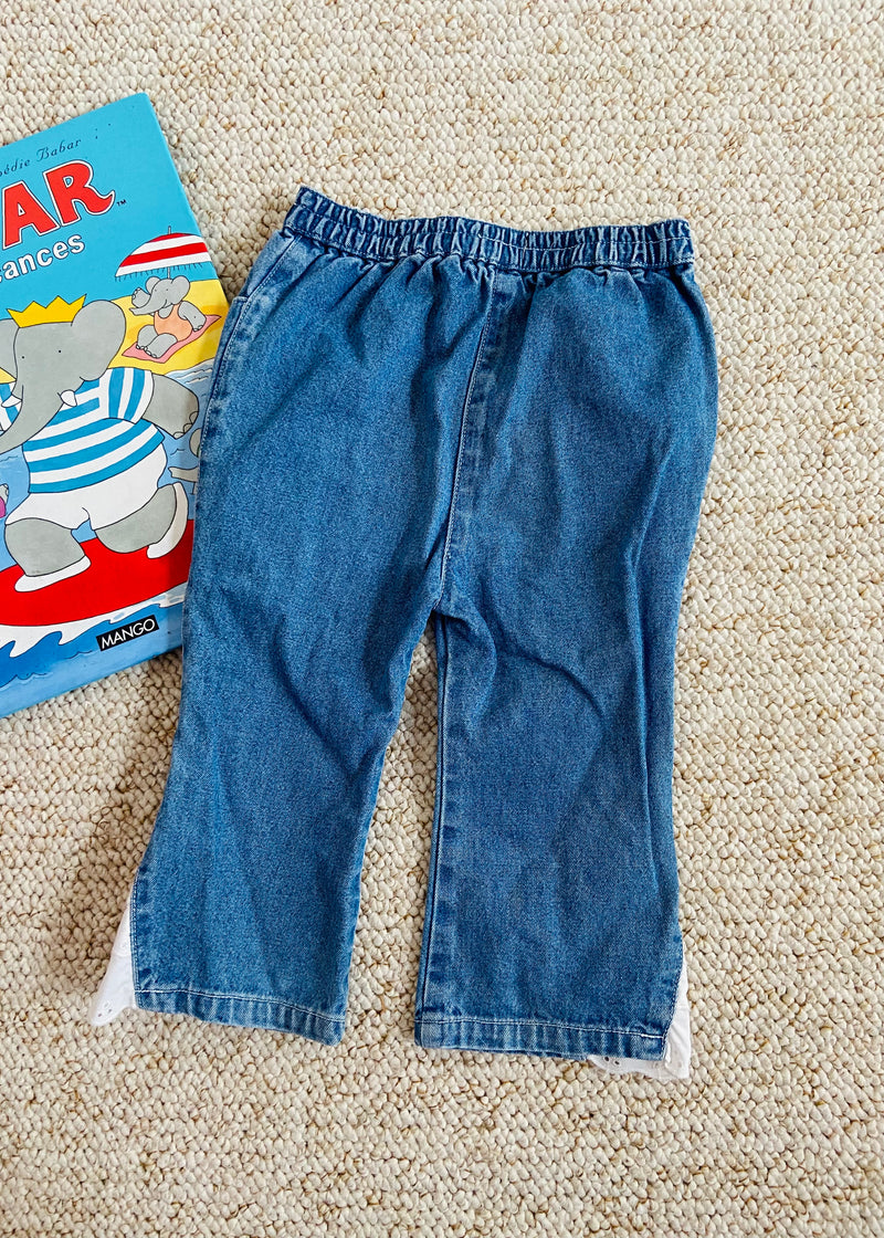 VINTAGE 90's Denim Lace Embroidered Flared Trousers - 18 Months