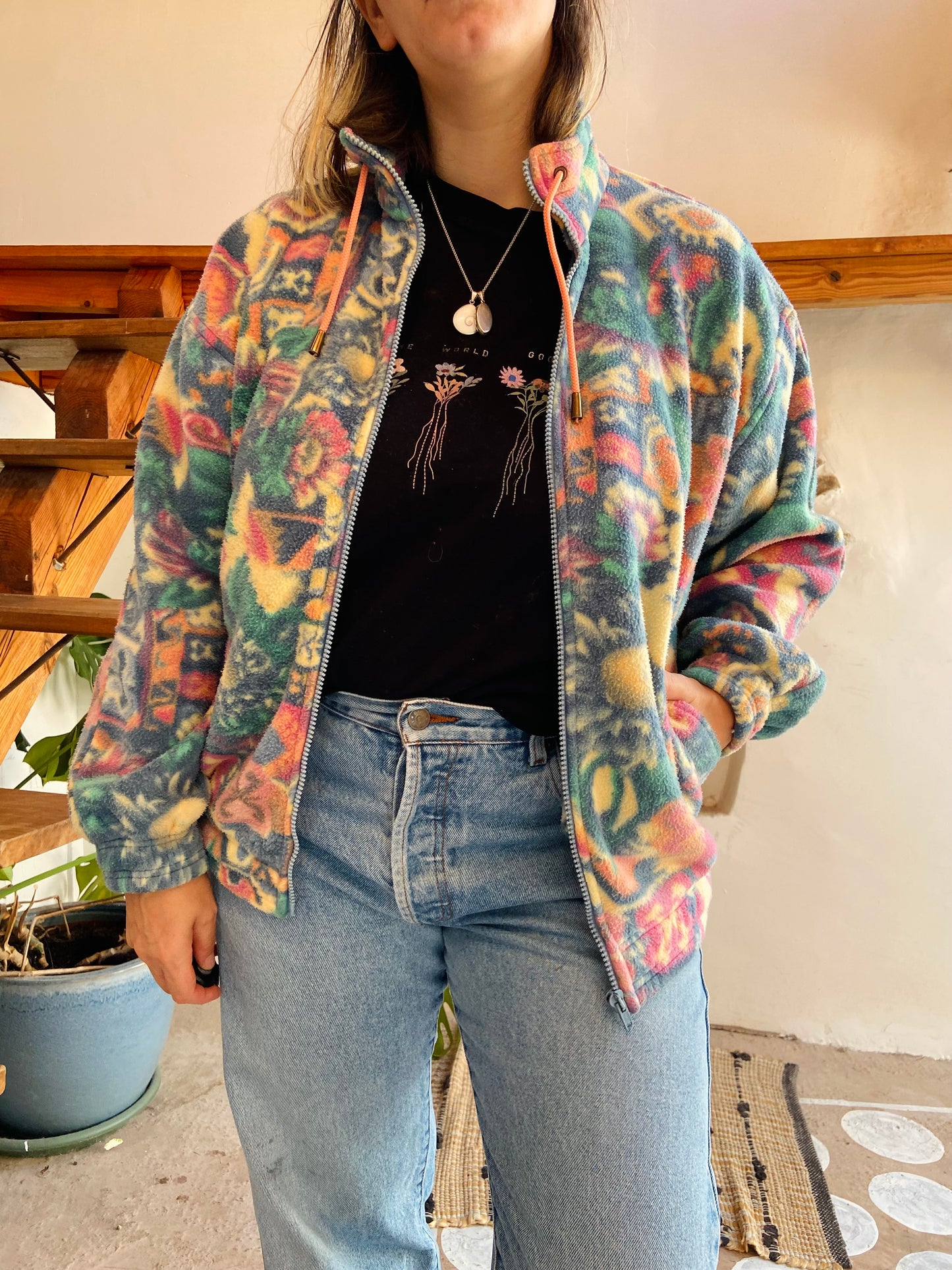 VINTAGE 90's Pastel Floral Zip Up Fleece - S/M