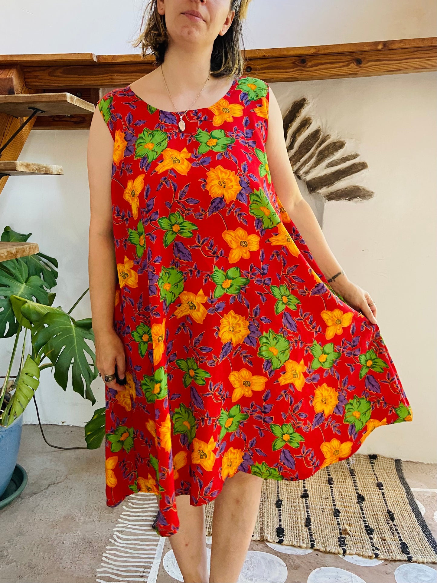 VINTAGE 90's Red Floral Loose Dress - M/L