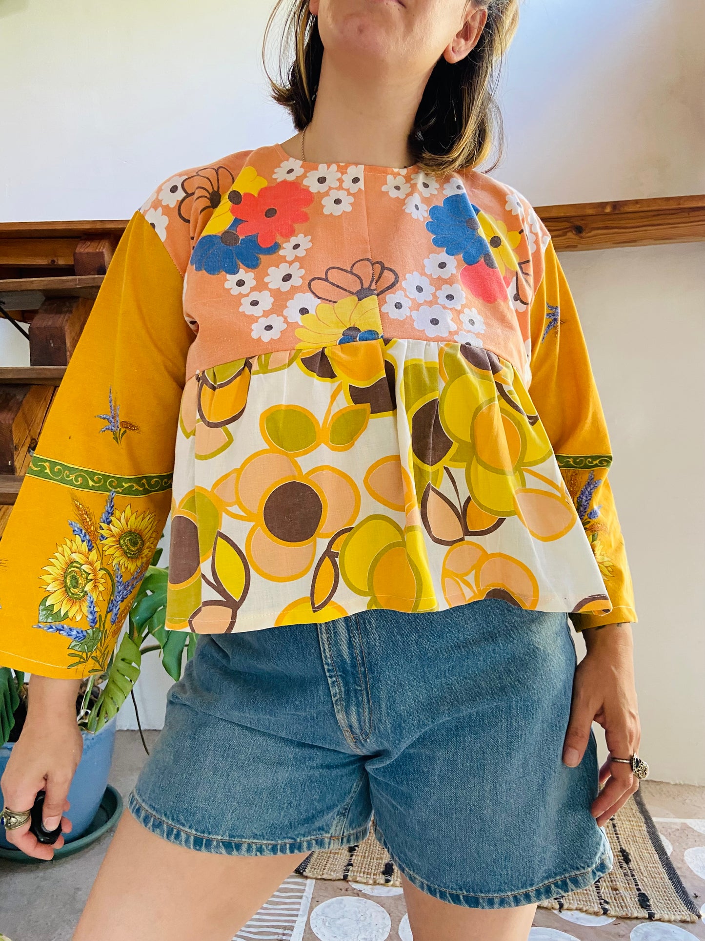 DESERT FOX Patchwork Orange Sunflower Floral Ruffle Top - M/L