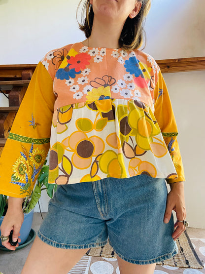 DESERT FOX Patchwork Orange Sunflower Floral Ruffle Top - M/L